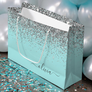 Aqua Blue Teal Silver Glitter Monogram Large Gift Bag