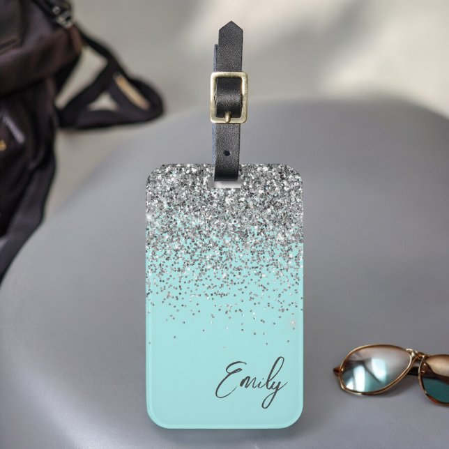 Aqua Blue Teal Silver Glitter Monogram Luggage Tag (Creator Uploaded)