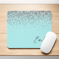 Aqua Blue Teal Silver Glitter Monogram
