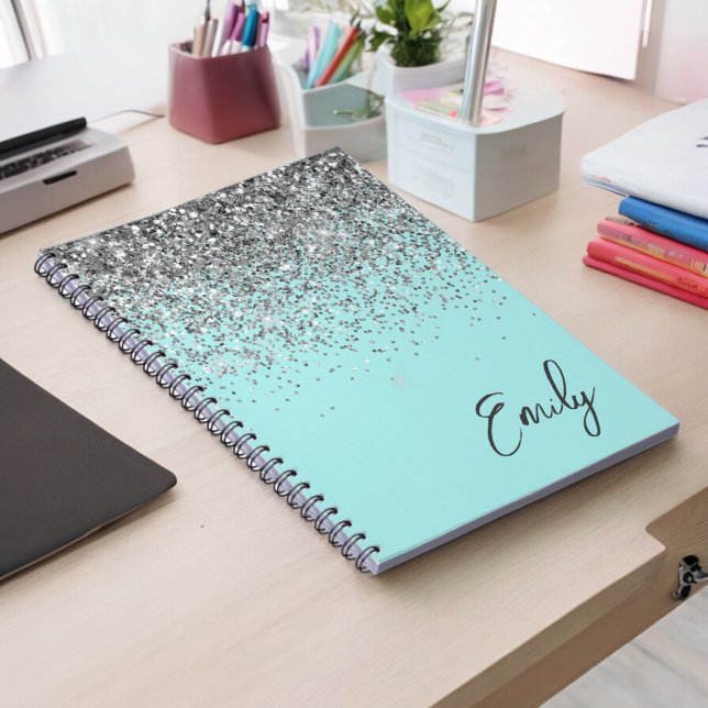 Aqua Blue Teal Silver Glitter Monogram Notebook (Creator Uploaded)