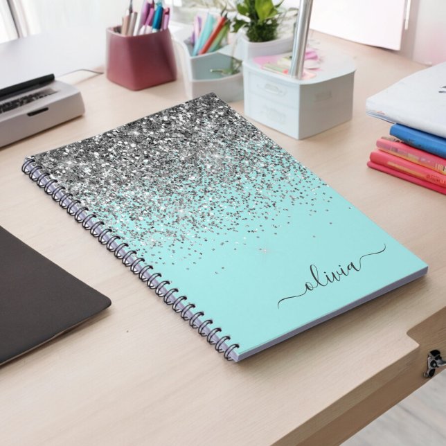 Aqua Blue Teal Silver Glitter Monogram Notebook (Creator Uploaded)