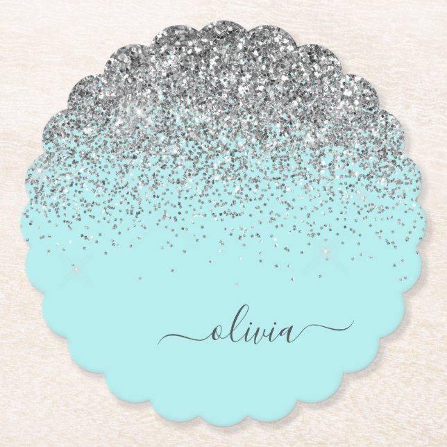 Aqua Blue Teal Silver Glitter Monogram Paper Coaster (Front)