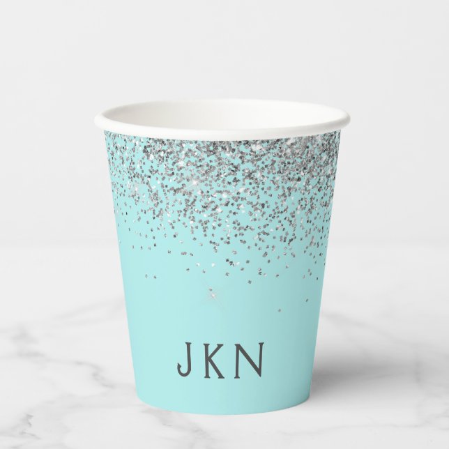 Aqua Blue Teal Silver Glitter Monogram Paper Cups (Front)