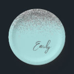 Aqua Blue Teal Silver Glitter Monogram Paper Plate<br><div class="desc">Aqua Blue Teal Silver Glitter Monogram Name and Initial Party Plates. This makes the perfect sweet 16 birthday,  wedding,  bridal shower,  anniversary,  baby shower or bachelorette party gift for someone that loves glam luxury and chic styles.</div>