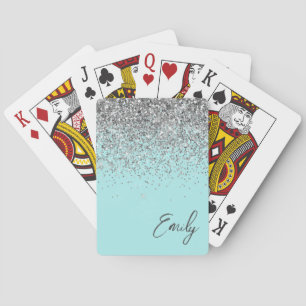 Aqua Blue Teal Silver Glitter Monogram Playing Cards