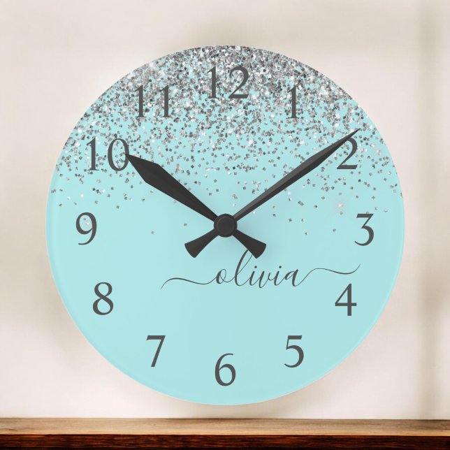 Aqua Blue Teal Silver Glitter Monogram Round Clock (Creator Uploaded)