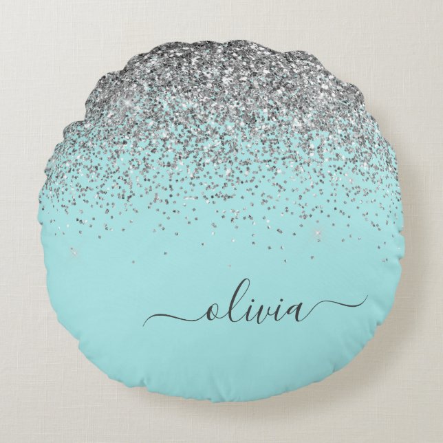 Aqua Blue Teal Silver Glitter Monogram Round Cushion (Front)
