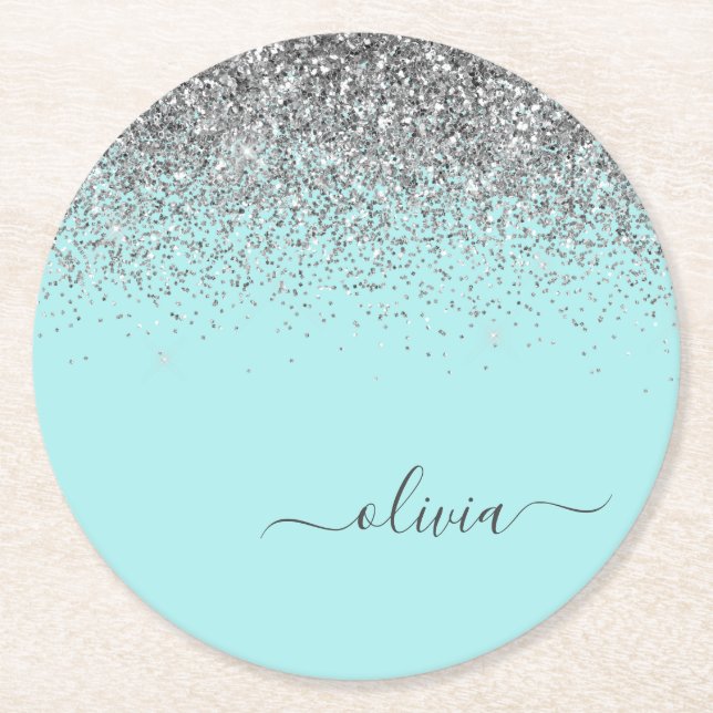 Aqua Blue Teal Silver Glitter Monogram Round Paper Coaster (Front)
