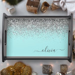Aqua Blue Teal Silver Glitter Monogram Serving Tray<br><div class="desc">Aqua Blue - Teal and Silver Faux Sparkle Glitter Script Monogram Name Place Serving Tray. This makes the perfect graduation,  birthday,  wedding,  bridal shower,  anniversary,  baby shower or bachelorette party gift for someone that loves glam luxury and chic styles.</div>