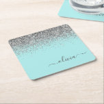 Aqua Blue Teal Silver Glitter Monogram Square Paper Coaster<br><div class="desc">Aqua Blue - Teal and Silver Sparkle Glitter Script Monogram Name Paper Coasters. This makes the perfect graduation,  birthday,  wedding,  bridal shower,  anniversary,  baby shower or bachelorette party gift for someone that loves glam luxury and chic styles.</div>