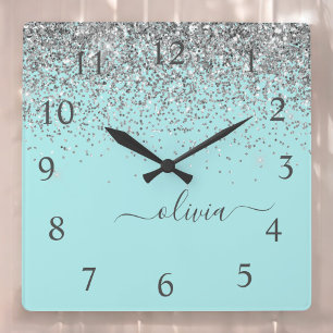 Aqua Blue Teal Silver Glitter Monogram Square Wall Clock
