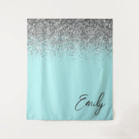 Aqua Blue Teal Silver Glitter Monogram