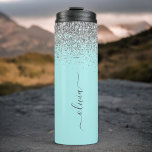 Aqua Blue Teal Silver Glitter Monogram Thermal Tumbler<br><div class="desc">Aqua Blue - Teal and Silver Sparkle Glitter Brushed Metal Monogram Name Drink Tumbler. This makes the perfect sweet 16 birthday,  wedding,  bridal shower,  anniversary,  baby shower or bachelorette party gift for someone that loves glam luxury and chic styles.</div>
