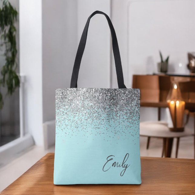 Aqua Blue Teal Silver Glitter Monogram Tote Bag (Creator Uploaded)