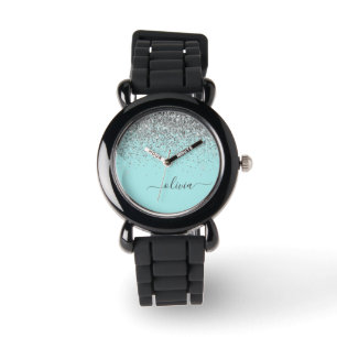 Aqua Blue Teal Silver Glitter Monogram Watch