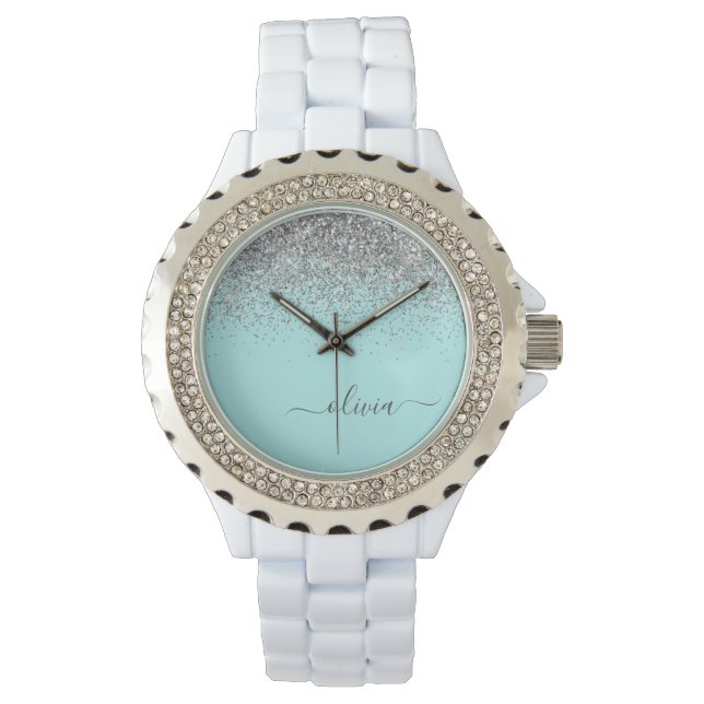 Aqua Blue Teal Silver Glitter Monogram Watch (Front)