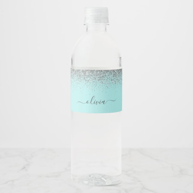 Aqua Blue Teal Silver Glitter Monogram Water Bottle Label (Front)