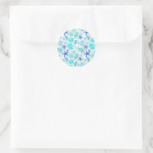 Aqua-blue-teal watercolor mixed seashell design classic round sticker