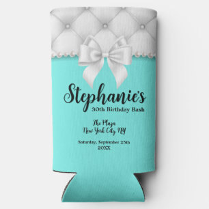 Aqua Blue Tiffany Pearls Birthday Party Keepsake Seltzer Can Cooler