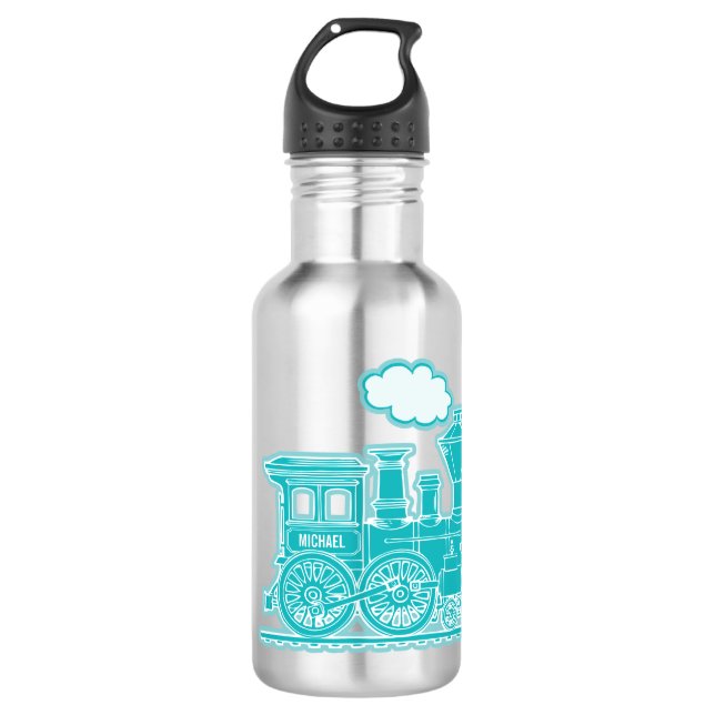 Aqua blue train kids full name drinks bottle (Front)