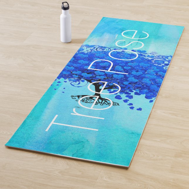 Aqua Blue Tree Pose Watercolor Abstract Yoga Mat (In Situ)