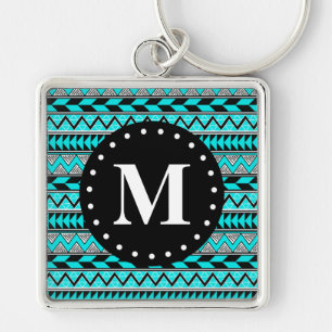 Aqua Blue Tribal Chevron Pattern Monogram Key Ring