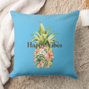 Aqua Blue Tropical Floral Pineapple Cushion