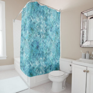 Aqua Blue Tropical Leaves Shower Curtain
