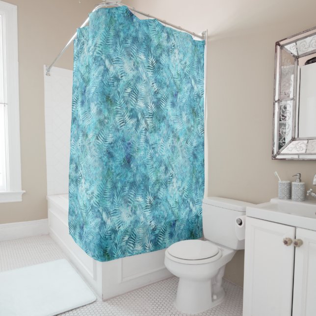 Aqua Blue Tropical Leaves Shower Curtain (In Situ)