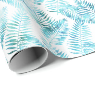 Aqua Blue Tropical Leaves          Wrapping Paper