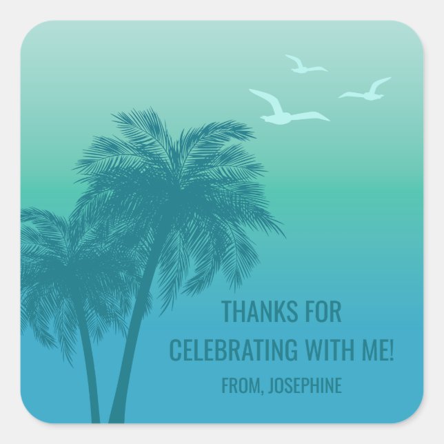 Aqua Blue Tropical Palm Trees Birthday Thank You Square Sticker (Front)