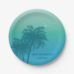 Aqua Blue Tropical Palm Trees Happy Birthday Paper Plate
