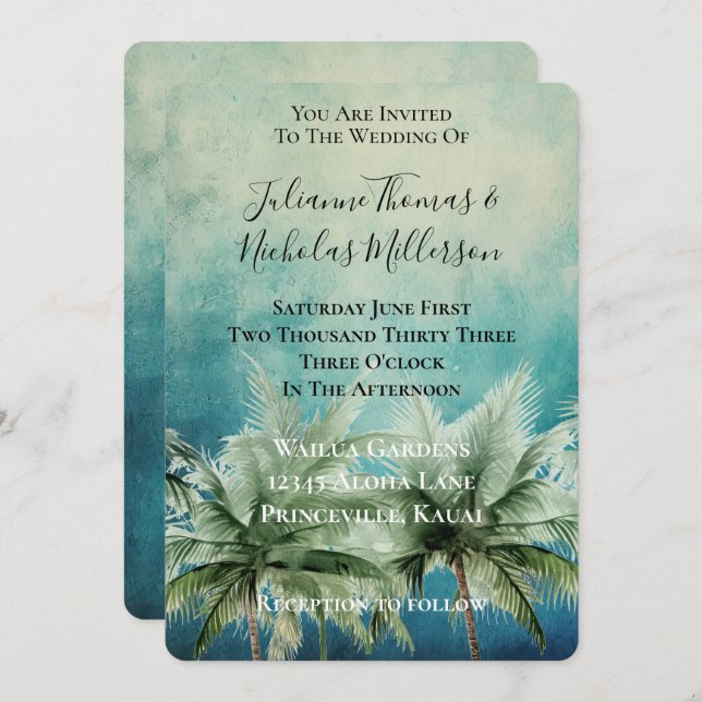 Aqua Blue Tropical Palm Trees Wedding Invitation (Front/Back)