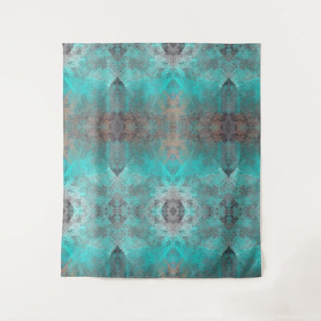 Aqua blue turquoise and grey distressed abstract  tapestry (Front)