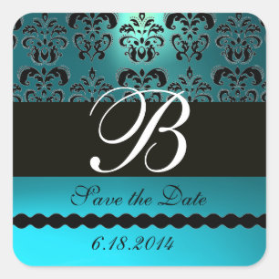 AQUA BLUE TURQUOISE AQUAMARINE DAMASK MONOGRAM SQUARE STICKER