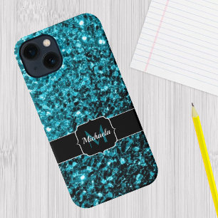 Aqua blue Turquoise faux glitter sparkles Monogram iPhone 15 Case