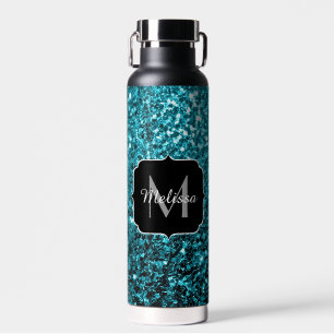 Aqua blue Turquoise faux glitter sparkles Monogram Water Bottle