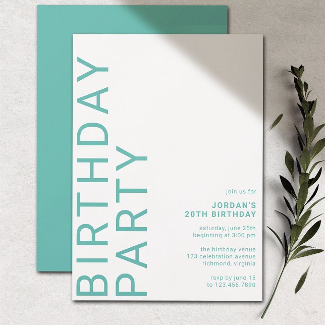 Aqua Blue Turquoise Modern Simple Any Age Birthday Invitation (Creator Uploaded)