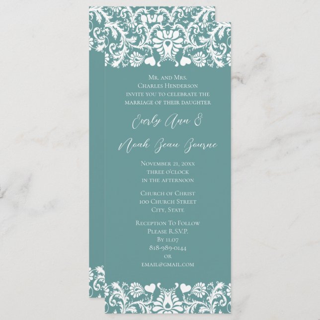 Aqua Blue Vintage Modern Damask Wedding Invitation (Front/Back)