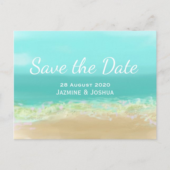 Aqua blue water/ beach seashore save the date announcement postcard (Front)