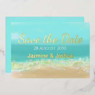 Aqua blue water/ beach seashore save the date Gold