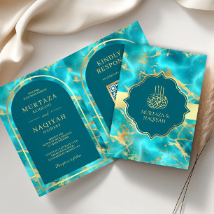 Aqua Blue Water Gold QR Code Muslim Wedding Invitation