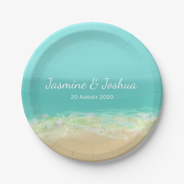 Aqua blue water/painted beach seashore paper plate (Front)