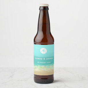 Aqua blue water/painted beach seashore personalise beer bottle label