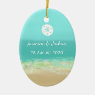 Aqua blue water/painted beach seashore personalise ceramic ornament
