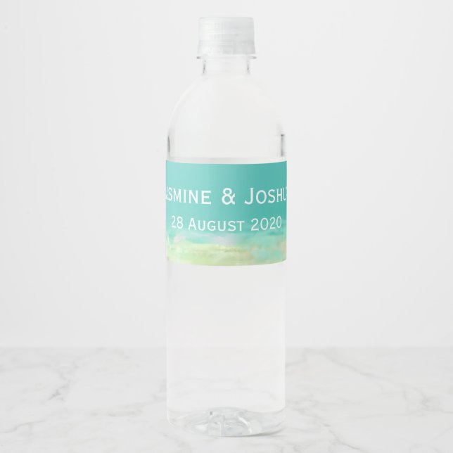 Aqua blue water/painted beach seashore personalise water bottle label (Front)