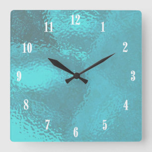 Aqua Blue Water w White Numbers Square Wall Clock