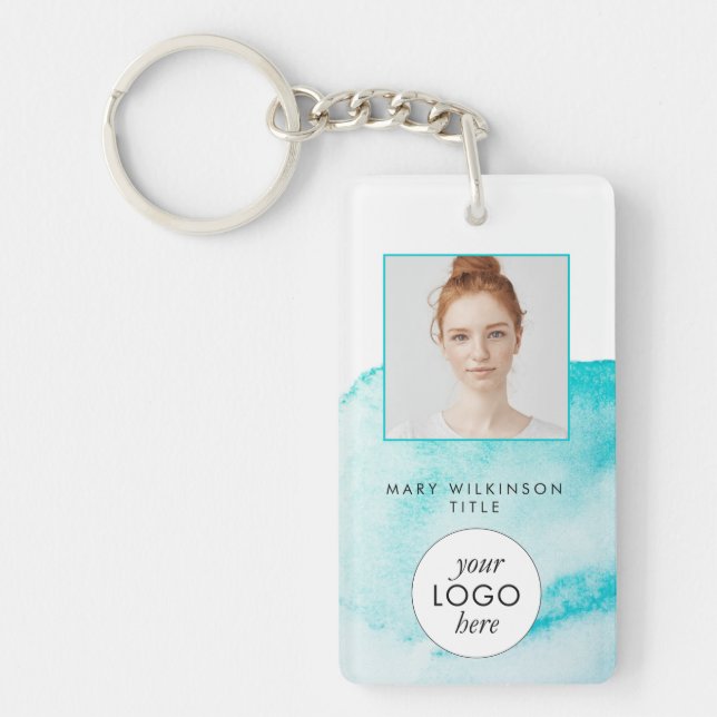 Aqua Blue Watercolor Background Badge Key Ring (Front)