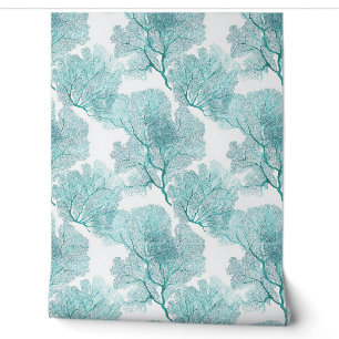 Aqua Blue Watercolor Coral Fans On White Wallpaper