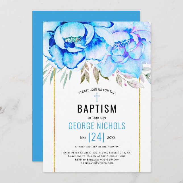 Aqua blue watercolor flowers floral boy Baptism Invitation (Front/Back)